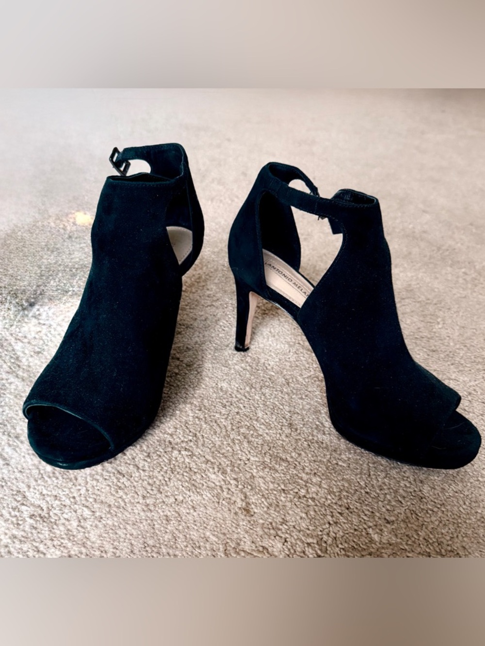 ANTONIO MELANI Black Suede Peep-Toe Cutout Heel Booties